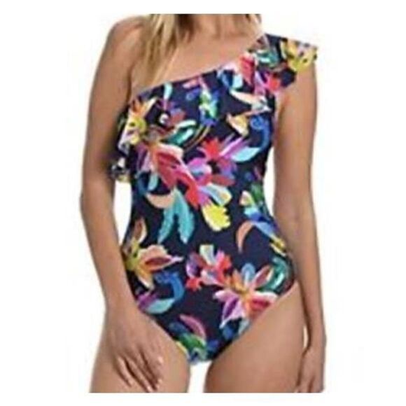 540 La Blanca By The Sea One tummy Control Shoulder Ruffle Mio NAVY FLORAL 4 new - Picture 1 of 2